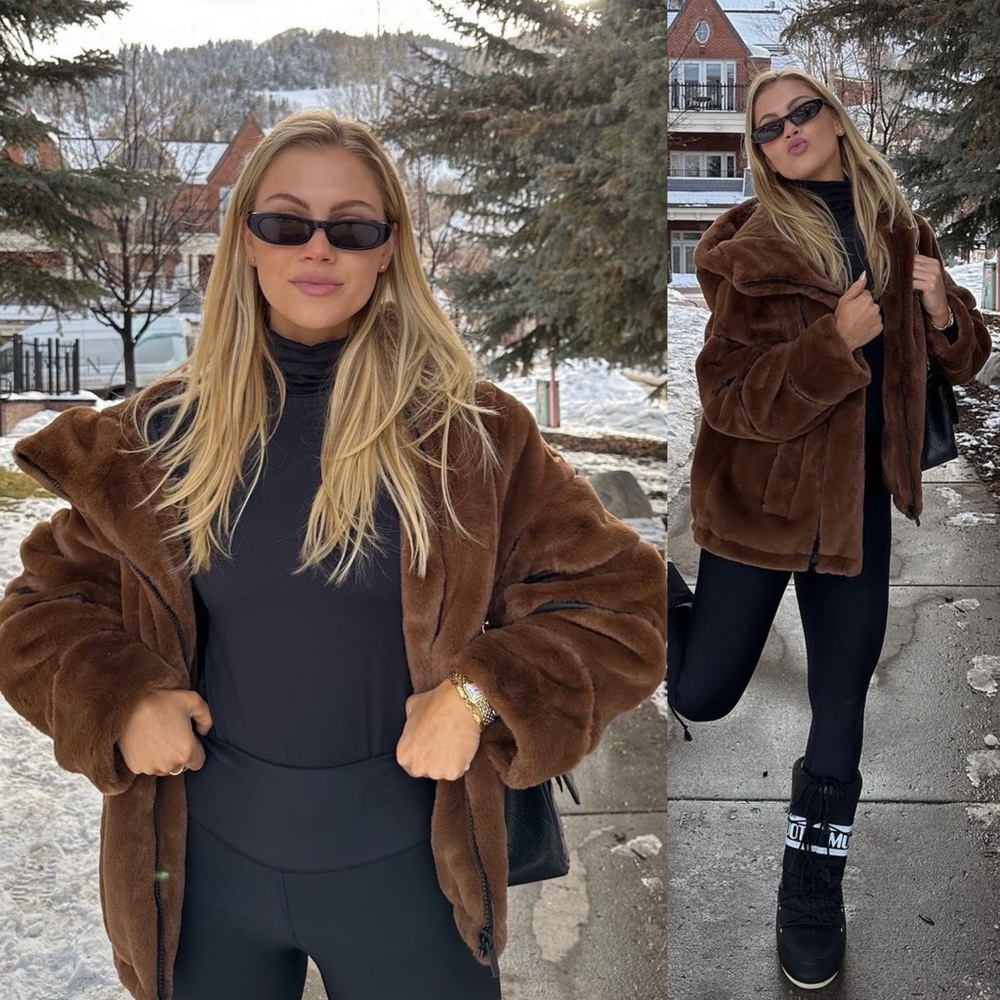 ALO Yoga Knockout Faux Fur Hooded Oversized Coat Jacket Chocolate Brown - Picture 12 of 15